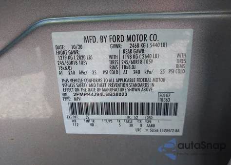 2020 Ford Edge Sel из США, поврежденный, VIN 2FMPK4J94LBB38023